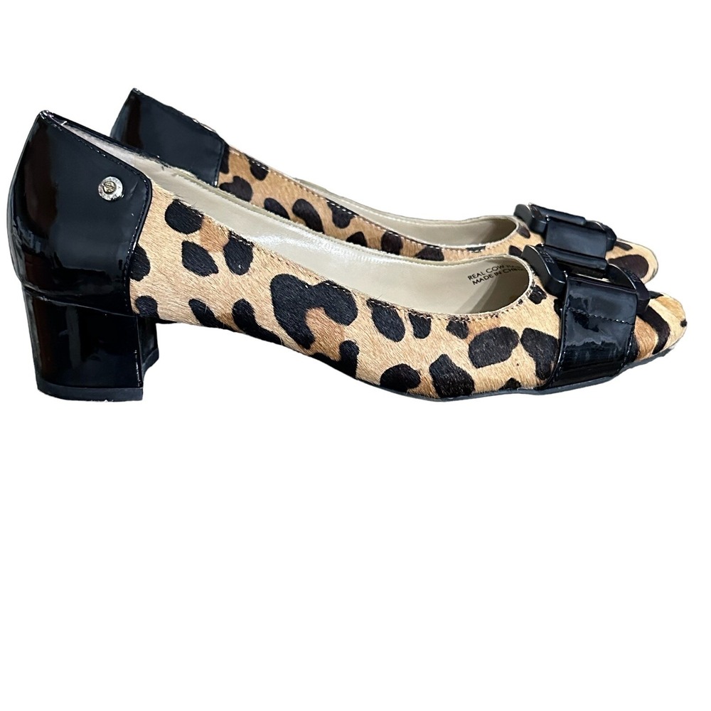 Ellen Tracy Strata Leopard Print Cow Hair Buckle Pumps Black Brown Size 6.5M